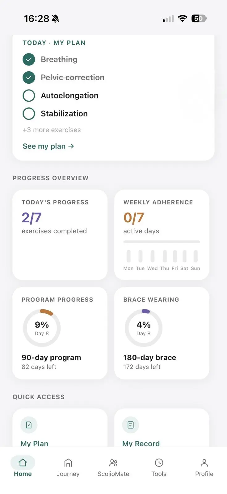 Scoliopath app home screen, showing today's exercise plan and progress overview